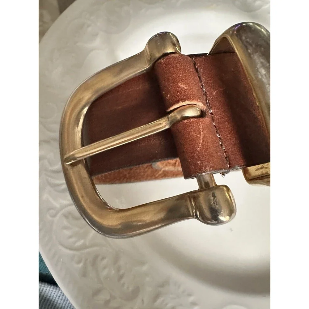 Vintage Full Grain Leather Men’s Belt Solid Brass Buckle Sz L Made In Argentina